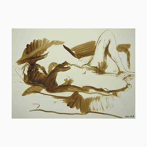 Leo Guida, desnudo reclinado, tinta original y acuarela, años 70