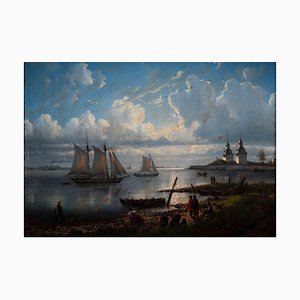 Pintura al óleo original del artista de la escuela rusa, paisaje del amanecer con los barcos, 1861