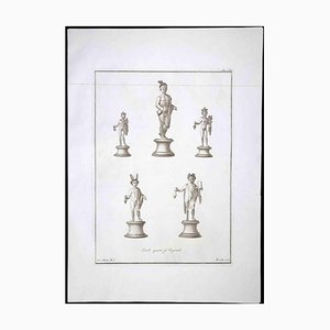 Nicola Fiorillo, Hermes, Estatua romana antigua, Grabado original, siglo XVIII