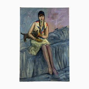 Antonio Feltrinelli, Girl with Dog, Original Painting on Canvas, 1929