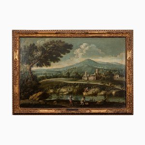 Inconnu, Paysage avec Personnages, Huile sur Toile Originale, 18ème Siècle, Encadrée