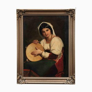 Desconocida, niña italiana con pandereta, óleo sobre lienzo original, década de 1900