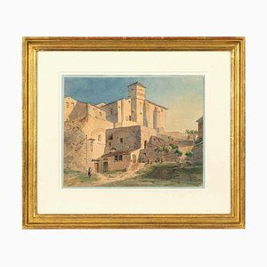 Unbekannter antiker römischer Bauernhof, Original Tinte & Aquarell, 1840er