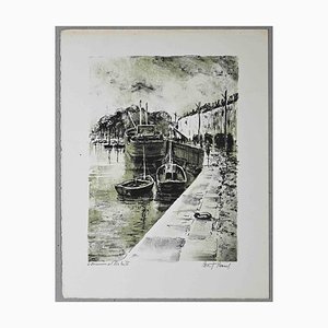 Paul Petit, Hafenblick, Original Lithographie, Mitte des 20. Jahrhunderts