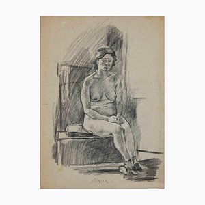 Mino Maccari, Seated Nude, Original Charcoal Drawing, Mid-20th Century