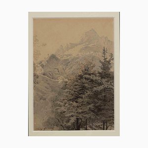 Friedrick Paul Nerly, montañas, dibujo a lápiz y acuarela original, siglo XIX