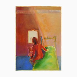 Roberto Cuccaro, Woman on the Bed's Edge, Original Gouache on Paper, 2000s