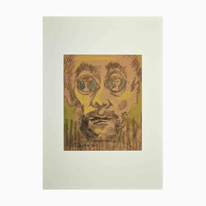 Mino Maccari, Portrait, Original Watercolor & Charcoal Drawing, Mid-20th Century