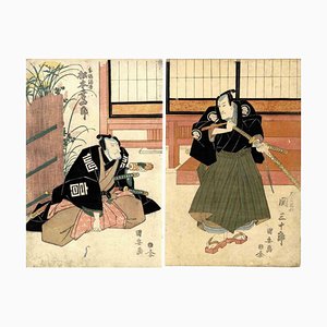 Grabado en madera original de Utagawa Kuniyasu, Meeting of Two Samurai, 1820