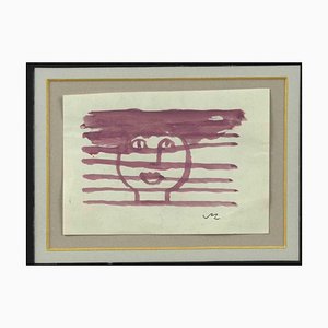 Mino Maccari, Visage, Aquarelle Originale, 1970s