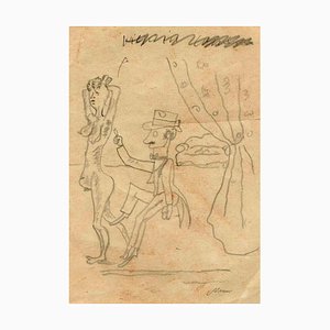 Mino Maccari, Figures, Original Pencil Drawing, Mid-20th Century
