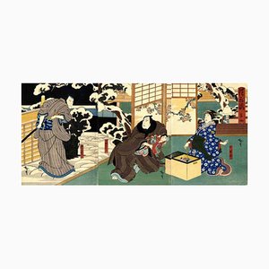 Utagawa Hirosada, Nakamura Nanji II, Original Woodcut Print Triptych, 1850s