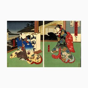 Grabado en madera original de Utagawa Hirosada, Scene at Night on a Veranda, 1860