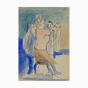 Mino Maccari, Family Consultation, Original China Ink & Watercolor, Mid-20th Century