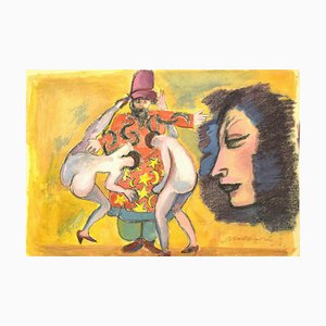 Mino Maccari, Magicians and Nudes, Original Charcoal & Watercolor Drawing, Mid-20th Century