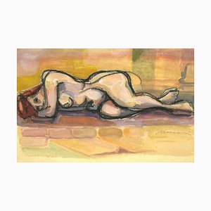 Mino Maccari, Reclined Nude, Original Charcoal & Watercolor, Mid-20th Century