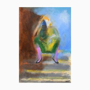 Roberto Cuccaro, Crouching Girl, Original Gouache on Paper, 2000s