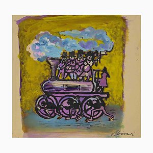 Mino Maccari, Happy Train, acuarela original y témpera, mediados del siglo XX