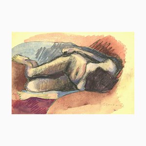 Mino Maccari, Nu Incliné, Charbon de Bois et Aquarelle, Milieu du 20ème Siècle