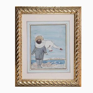 Mino Maccari, Lifebuoy Woman, Original Pencil & Watercolor Drawing, 1970s