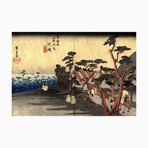 Utagawa Hiroshige, Oiso Station in the Rain, Original Holzschnitt, 1833
