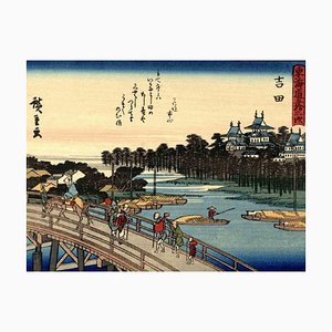Grabado en madera original de Utagawa Hiroshige, Kyoka-Tokaido Station, 1925