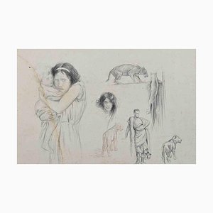 Harold Putman, Woman with Child and Animals, Pencil Drawing, 19th Century
