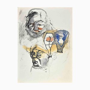 Mino Maccari, The Faces, Original Ink & Watercolor, Mid-20th Century