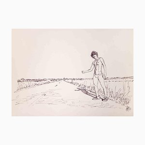 Anthony Roaland, Man on the Road, Original Pen Drawing, 1981