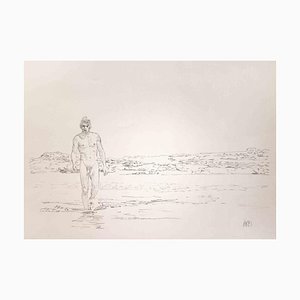 Anthony Roaland, Man Walking on the Beach, dibujo a lápiz original, 1981