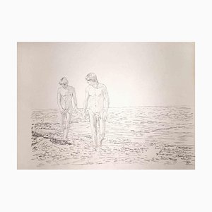 Anthony Roaland, Deux Amis Marchant sur la Plage, Dessin Original au Crayon, 1981