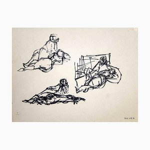 Leo Guida, Posing Figures Sketch, Original Black Marker Drawing, 1970s