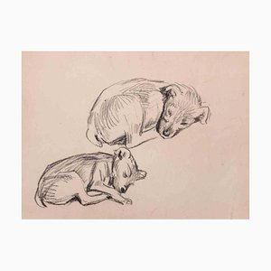 Pierre Georges Jeanniot, Puppies, Original Pencil on Paper Drawing, Early 20th Century