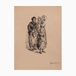 Pierre Georges Jeanniot, Poor Family, dibujo original de tinta china sobre papel, principios del siglo XX