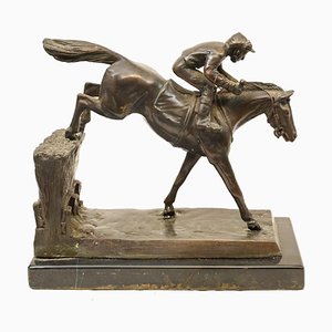 French Bronze Steeplechase Statue of Horse and Jockey, 1980s