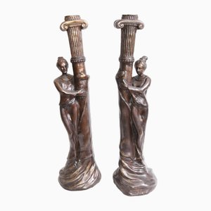 Art Nouveau Bronze Candleholders, Set of 2