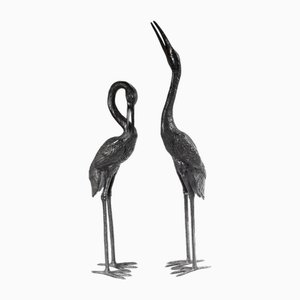 Bronze Japanese Cranes Storks Garden Birds, Set of 2