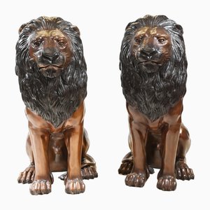 Estatuas de portero de león grandes de fundición de gato. Juego de 2