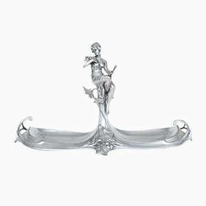 Art Nouveau French Pewter Maiden and Birds Epergne, 1920s