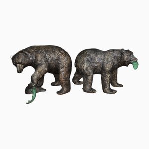 Bronze American Grizzly Bear Fountains Statues Salmon, Set of 2
