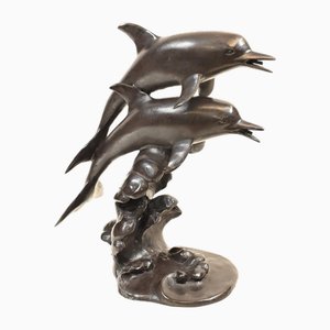 Bronze Dolphins Leaping Through Water Figurine