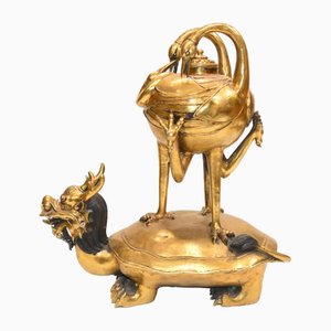 Chinese Dragon Crane Incense Burner in Bronze