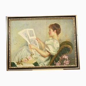 Artista inglese, Portrait of Edwardian Lady Reading, anni '80, olio su tela, con cornice