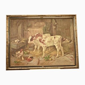 Artista victoriano, Escena de granja, años 80, óleo sobre lienzo