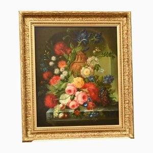 Artista vittoriano, olio di natura morta con fiori, incorniciato