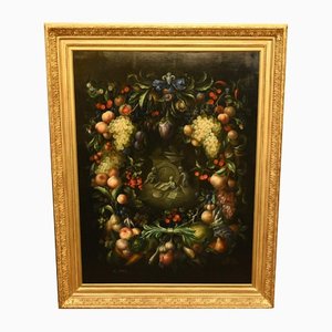 Artista victoriano, Bodegón con flores y querubín, Pintura al óleo