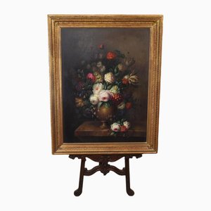 Natura morta floreale in stile vittoriano, pittura a olio, anni '80, con cornice