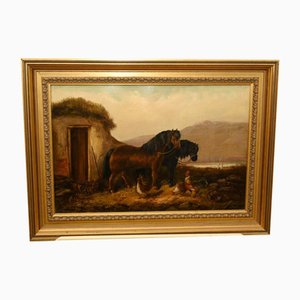 Artista vittoriano, scena di cortile di una fattoria di cavalli, 1880, pittura a olio