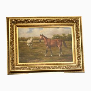 Artista victoriano, caballo y poni, siglo XIX, pintura al óleo, enmarcado