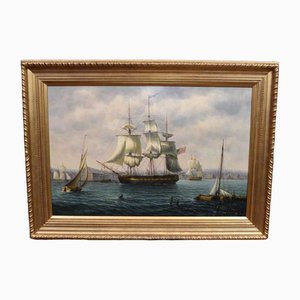 Boston Docks Seascape with American Clipper Sailboat, Peinture à l’Huile, Encadrée